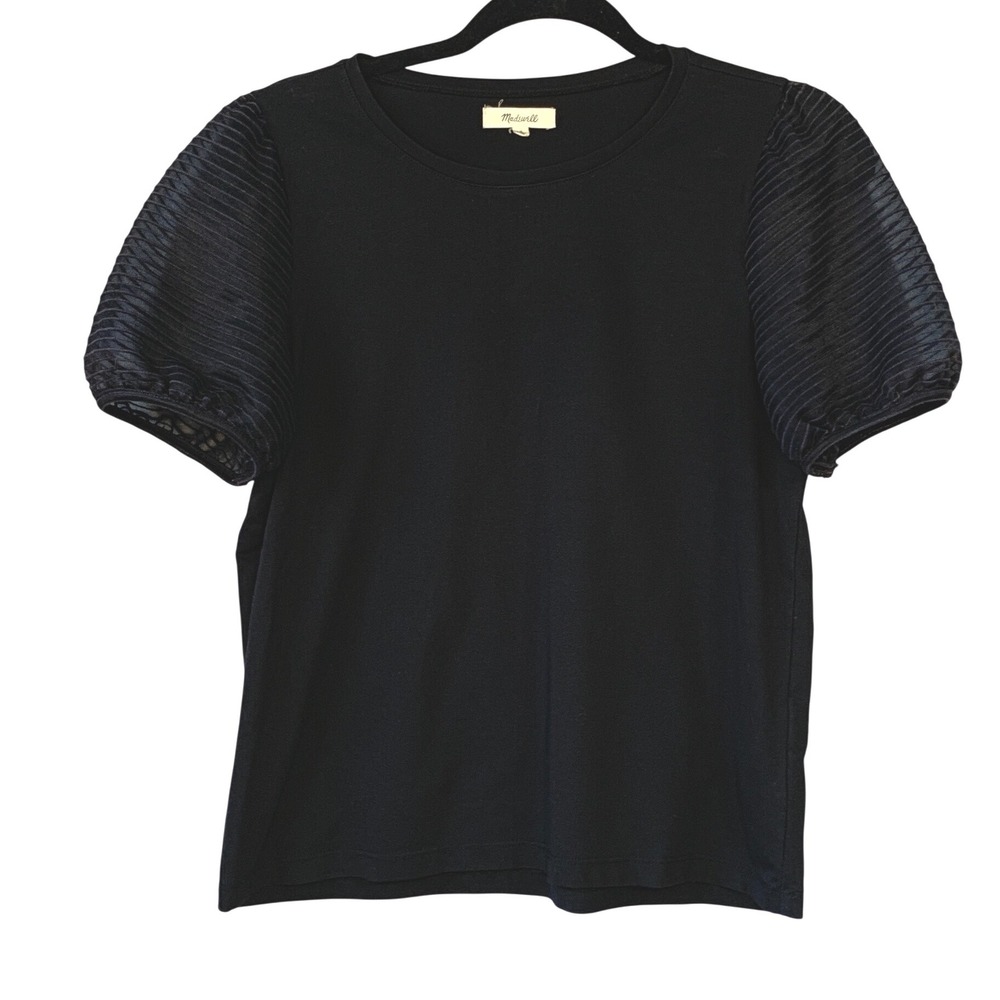 Madewell Black Sheer Striped Puff Sleeve ‎ T Shirt Size S Made in Indonesia